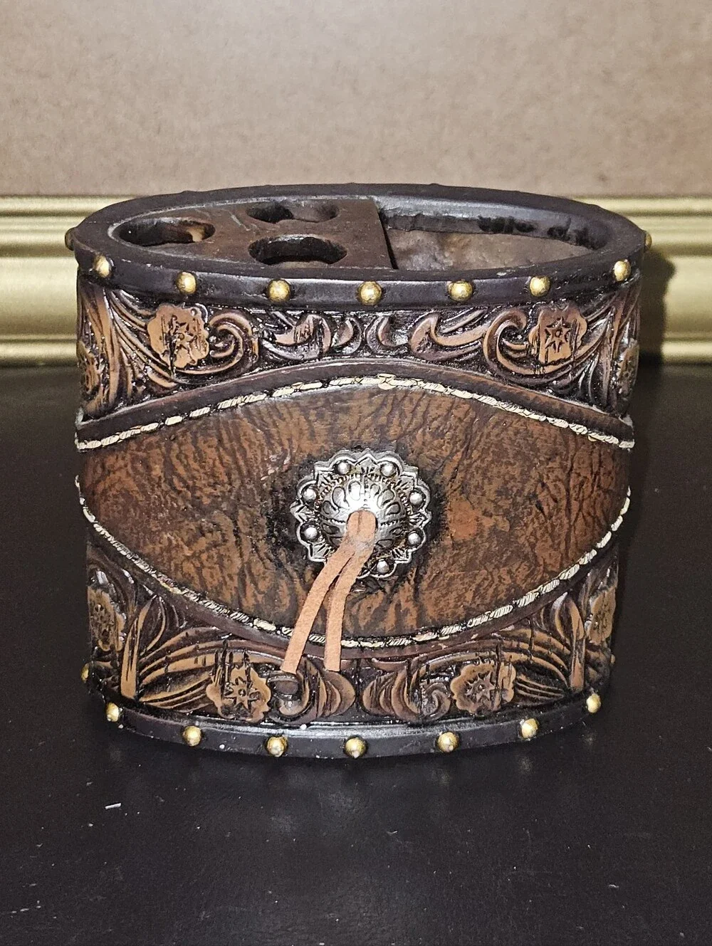 Equestrian Themed Tooled Leather & Carved Resin Toothbrush Caddy